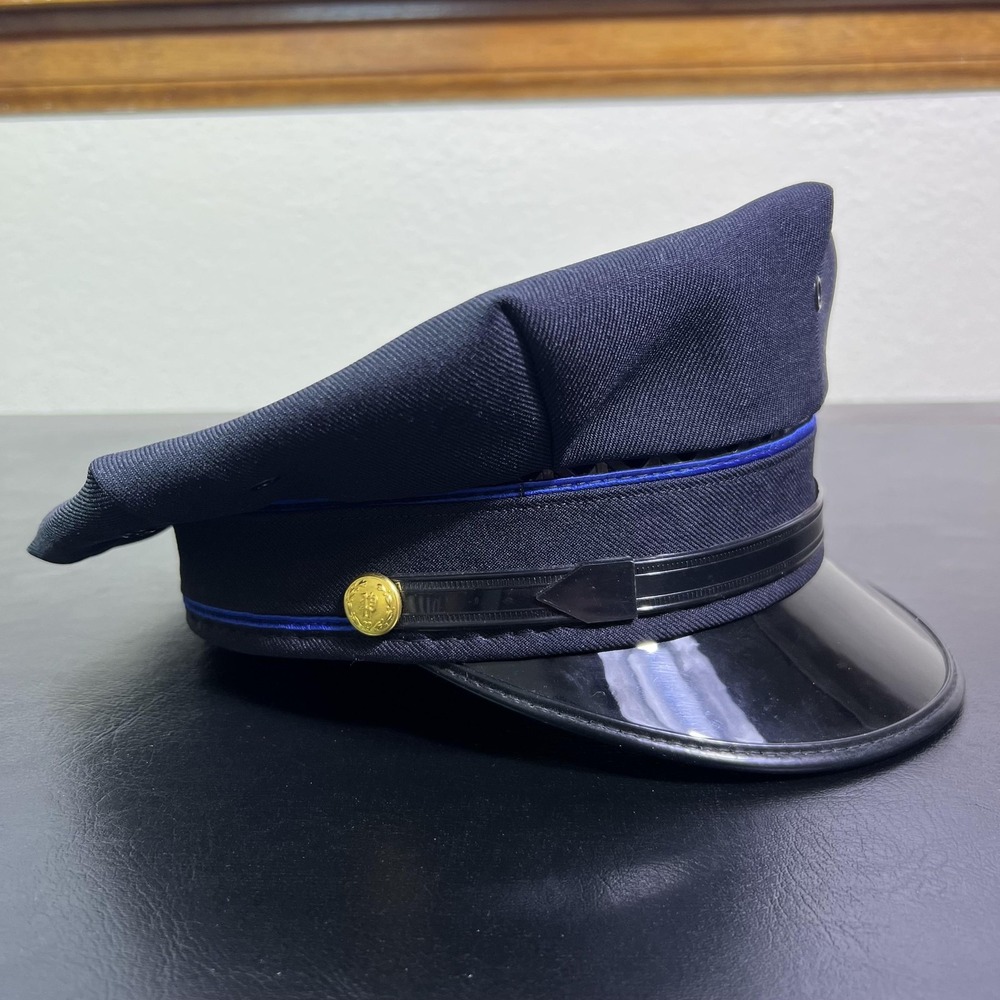 Vintage Navy Blue Uniform Peaked Hat Cap Fitted Mens 7 3/8